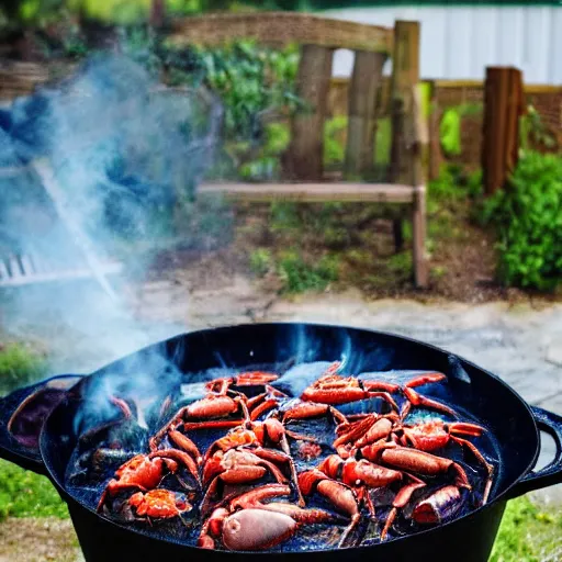 crabs boiling in pot on propane burner, lots of steam Stable