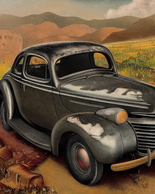 Image similar to medium shot portrait of a prohibition era moonshiner with detailed features, dusty 1940 ford coupe in the backdrop, dutch camera view, dirt, Appalachian mountains, sharp focus, illustration, highly detailed, oil painting, matte, art by Greg Rutkowski and Alphonse Mucha, masterpiece