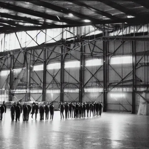 Prompt: flarge black triangle ship inside a hanger, old photo, vintage photo, grainy, realistic, real photo, men in hazmat suits standing around