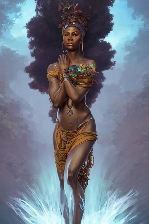 Prompt: african goddess of nature, accurate anatomy, only two hands, highly detailed, digital painting, artstation, concept art, smooth, sharp focus, illustration, Unreal Engine 5, 8K, art by Ross Tran and greg rutkowski and alphonse Mucha