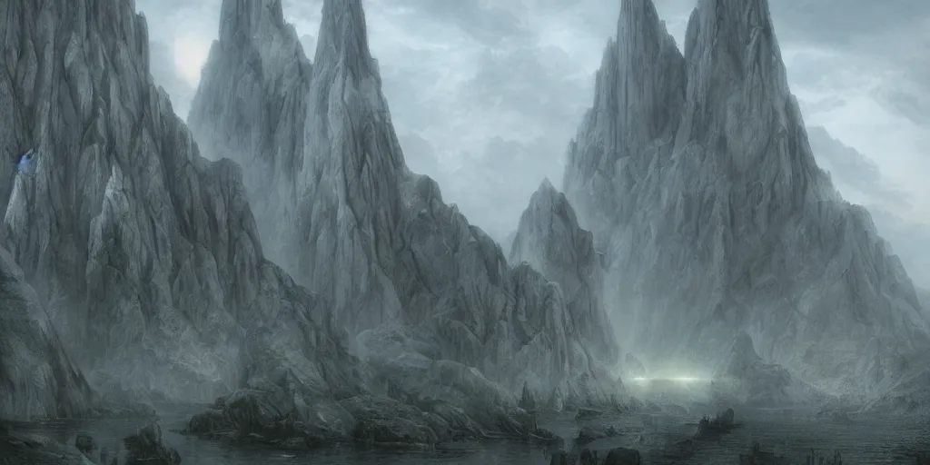 Prompt: Argonath statues, evening, detailed matte painting, cinematic, Alan Lee, Artstation