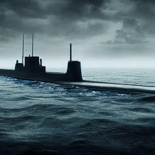 Image similar to 4 k render of a world war 2 german submarine underwater, cinematic, dramatic, dark ambience, deep sea