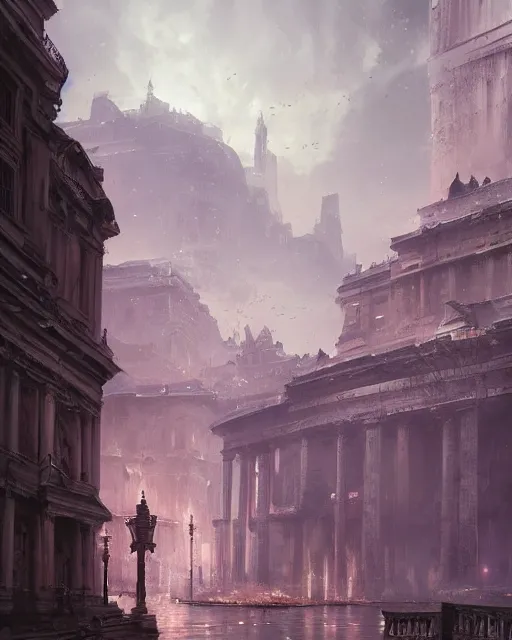 Image similar to the eternal city, city of secrets, purple alien buildings, environment art, fantasy art, landscape art, in the style of greg rutkowski, illustration, epic, fantasy, intricate, hyper detailed, artstation, concept art, smooth, sharp focus, ray tracing