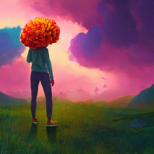 Image similar to giant carnation flower as a head, girl hiking in the mountains, surreal photography, sunrise, dramatic light, impressionist painting, colorful clouds, digital painting, artstation, simon stalenhag