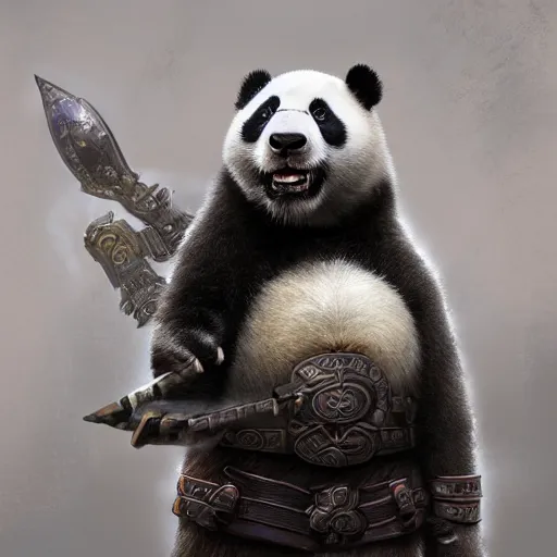 Image similar to warrior panda in armor by wenjun lin, eerie, intricate, highly detailed, sorrow, dramatic, emotional, proud, matte painting, award - winning art, cute, happy, cold lighting, refractions, volumetric lighting, trending on artstation, digital art, 8 k