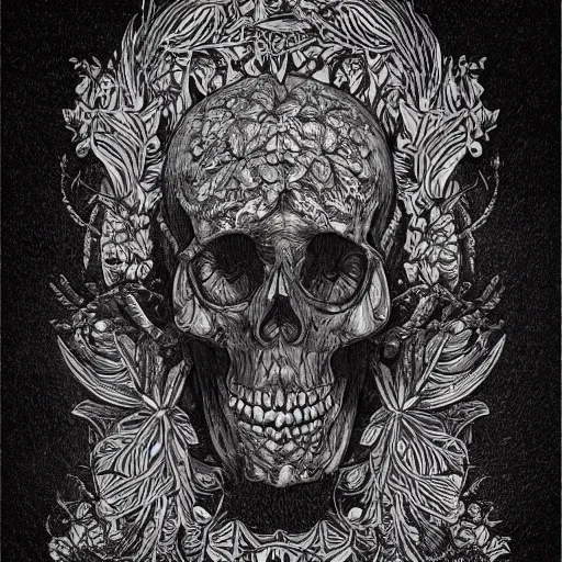 Image similar to detailed rotten skull corpse with fractal plants and fractal flowers and mushrooms growing around, symmetrical, ornate, ornamentation, illustration, in the style of onz _ blk, black and white