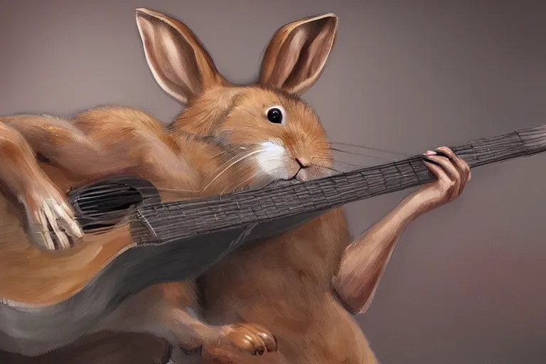 Image similar to A hyperdetailed digital oil painting of A rabbit is playing the guitar,cartoon, Trending on ArtStation and DeviantArt