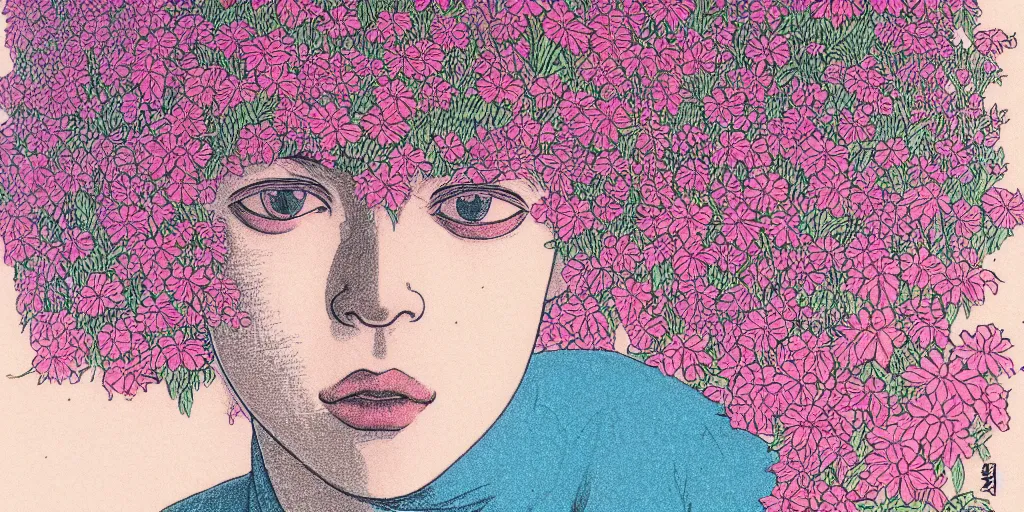 Image similar to risograph grainy drawing protagonist face, pastel colors, with huge piersing, face covered with plants and flowers, by moebius and satisho kon, close - up portrait, perfect blue, paprika