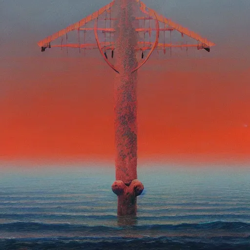 Image similar to A beautiful painting of A Torii over the sea by Zdzisław Beksiński and Ilya Repin,In style of Post-Apocalyptic.digital art, illustration,hyper detailed,smooth, sharp focus,trending on artstation,oil on the canvas,4k ~W 1440