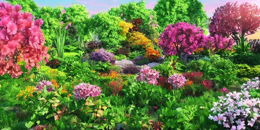 Image similar to A beautiful garden, with a variety of colorful flowers and lush green plants, set against a backdrop of a stunning sunset, trending on artstation, artstationHD, artstationHQ, photorealistic imagery, 3D art, 4k, 8k