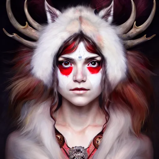 Image similar to Portrait of Aurora Aksnes dressed as Princess Mononoke with red facepaint under her eyes, white fur, face, fantasy, intricate, elegant, highly detailed, digital painting, artstation, concept art, smooth, sharp focus, illustration, art by Fernanda Suarez and Artem Demura and alphonse mucha