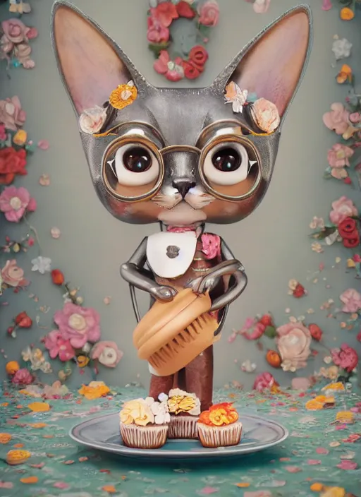 Image similar to closeup face profile portrait of a tin toy cat eating cakes, depth of field, zeiss lens, detailed, symmetrical, centered, fashion photoshoot, by nicoletta ceccoli, mark ryden, lostfish, breathtaking, 8 k resolution, extremely detailed, beautiful, establishing shot, artistic, hyperrealistic, octane render