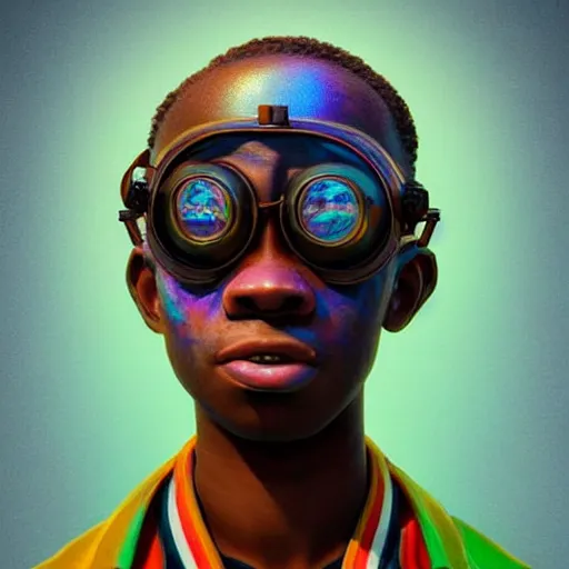 Prompt: colourful vfx upper half - portrait - art of a nigerian boy wearing steam punk goggles, art by hsiao - ron cheng & james jean, digital render, digital illustration, concept art, caricature, volumetric light, ray tracing, symmetrical, unreal engine, octane 3 d render, sharp, detailed, intricate detail, pinterest, behance, art station,