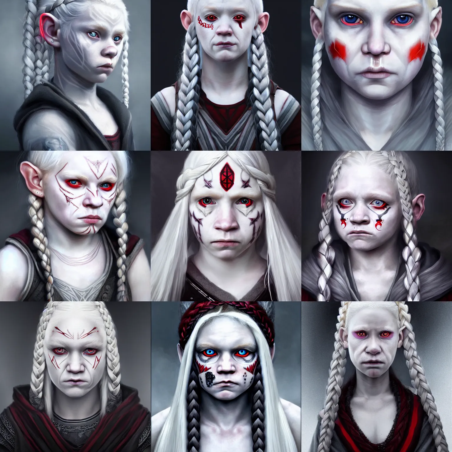 Prompt: realistic portrait of a young albino female halfling with red eyes and iris, white! braided hair and a grey! cloak and geometric black! facial tattoos! painted dan gerhartz, haunted and sad expression, artstation, cinematic lighting, hyper - detailed 8 k