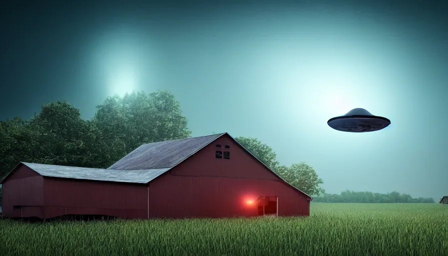 Prompt: a ufo floats over a barn with a broken roof, debris is ascending toward the ufo, volumetric lighting, night, photorealistic rendering, color palette, 8 k