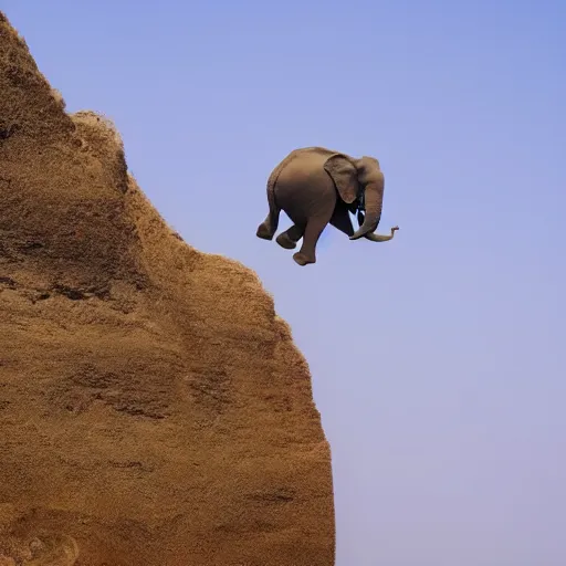 Prompt: photo of jumping elephant falling jumping off cliffside, golden ratio, rule of thirds