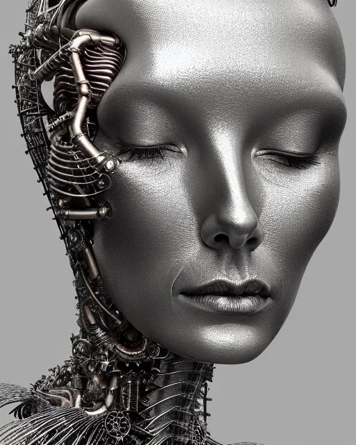 Image similar to mythical organic bio-mechanical spinal ribbed profile face portrait detail of silver mechanical beautiful female angelic-queen-vegetal-cyborg, highly detailed, intricate steampunk ornate, poetic, 3D render, digital art, octane render, 8K artistic photography, photo-realistic, by Dora Maar