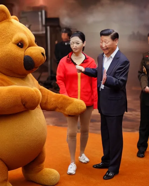 Image similar to president xi jinping as winnie the poo, prosthetics and animatronics designed by rick baker, highly detailed, photorealistic