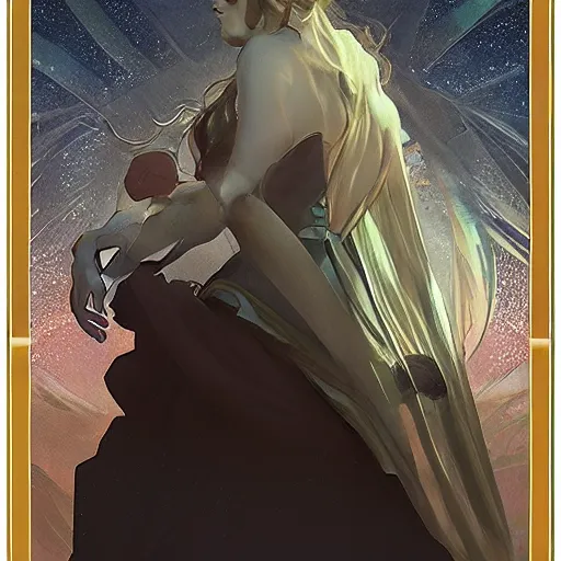 Prompt: the star tarot card, elegant, dramatic lighting, graphic art, volumetric lighting, sharp focus, detailled, by Krenz Cushart and Artem Demura and Alphonse Mucha