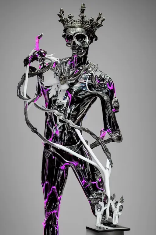 Image similar to full-body baroque and cyberpunk style neon statue of a young attractive (slender muscular Spanish macho bem dotado) e rico android ((sim roupa)) reclining (con pernas aberta e piroca dura) leite, glowing (((white laser))) eyes, prince crown of iridescent skulls, ruby, swirling gold-colored silk fabric. futuristic elements. full-length view. space robots. human skulls. intricate artwork by caravaggio. Trending on artstation, octane render, cinematic lighting from the right, hyper realism, octane render, 8k, depth of field, 3D