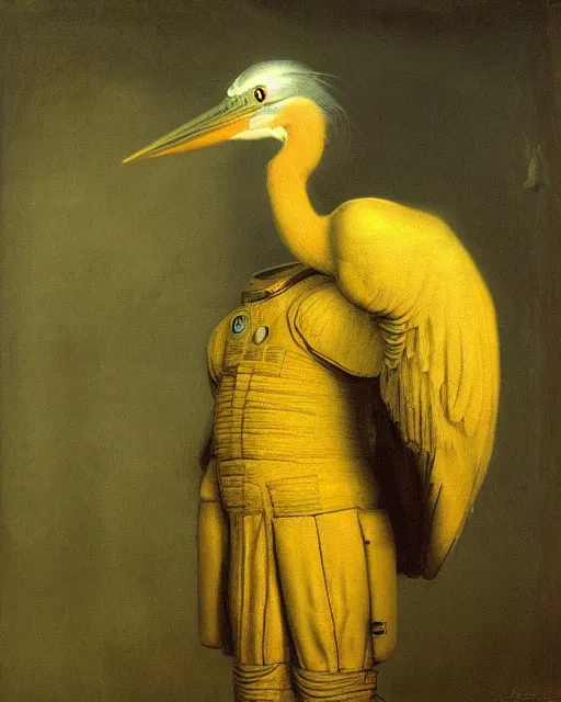 Prompt: heron cosmonaut, proudly posing for a portrait, painted by rembrandt, intricate, detailed, atmospheric lighting, golden hour.