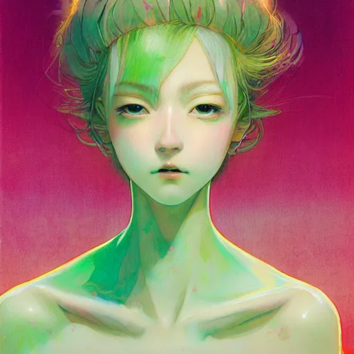 Image similar to prompt : pink and green portrait soft light painted by james jean and katsuhiro otomo and erik jones, inspired by evangeleon anime, smooth face feature, intricate oil painting, high detail illustration, sharp high detail, manga and anime 1 9 9 0