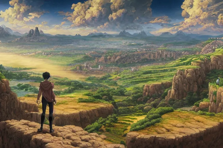 Image similar to an ultra detailed matte landscape painting of an extremely tall and strong young man with short brown hair standing on a cliff overlooking a medieval capital built on top of many hills, italian renaissance architecture, epic anime fantasy, 8 k, volumetric lighting, smooth, highly detailed, digital illustration, art by kentaro miura and akira toriyama and artgerm