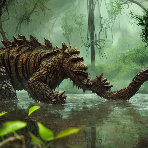 Image similar to A photograph of a giant monster lurking in the swamp, crocodile, mangrove swamp, murky water, (vines), gorilla, trending on artstation, ((tiger)), Godzilla, (((dragonfly))), ((mist)), bugs