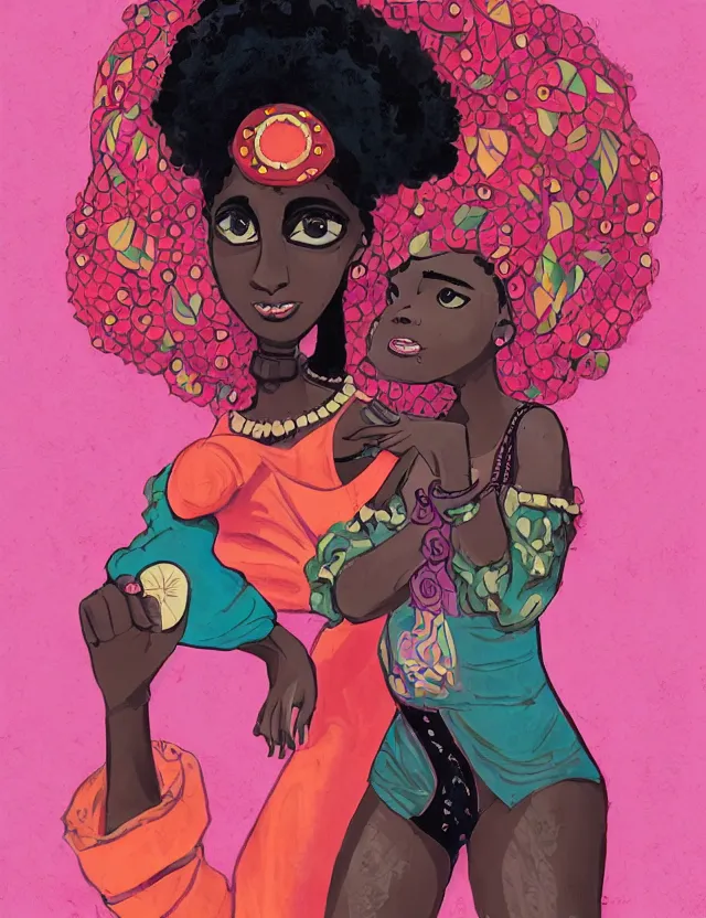 Prompt: black - skinned princess of the strawberry cream valley. this heavily stylized gouache painting by an indie comic artist has interesting color contrasts, plenty of details and impeccable lighting.