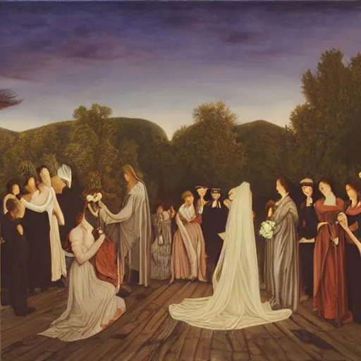 Prompt: Wedding at Dusk, art by Evelyn De Morgan