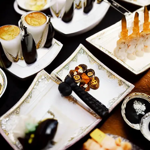 Prompt: A close up shot, colored black and white Russian and Japanese mix historical fantasy a photograph portrait taken at the empress and emperor's royal wedding breakfast, a collection of sandwiches and canapés was served, mixing traditional Japanese choices with some Russian influences, professional corporate portrait, warm lighting, 1907 photo from the official wedding photographer for the royal wedding. Cinematic, atmospheric lighting, extreme detail, 8K, high detail,