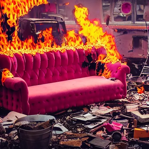 Image similar to a pink couch with orange polka dots on fire in the middle of a junkyard, illustrated, cosmic horror, smoke and ash