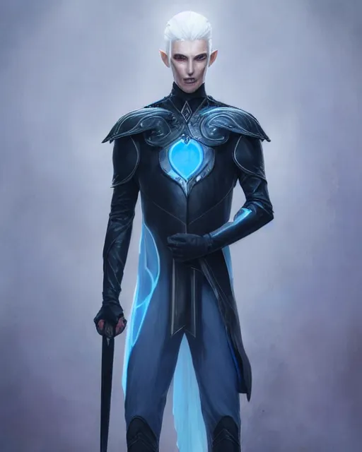 Prompt: character portrait of a slender young half elven man with white hair, piercing blue eyes, and pale blue skin, wearing sleek pearlescent black armor, by greg rutkowski and mark brookes and jim burns and tom bagshaw and magali villeneuve, trending on artstation