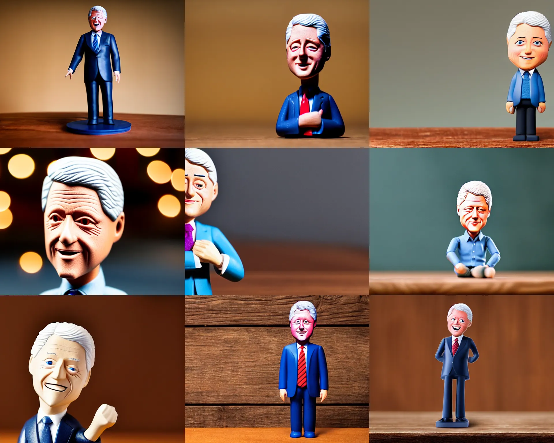 Prompt: Bill Clinton figurine by Pixar sad bokeh on wooden table.