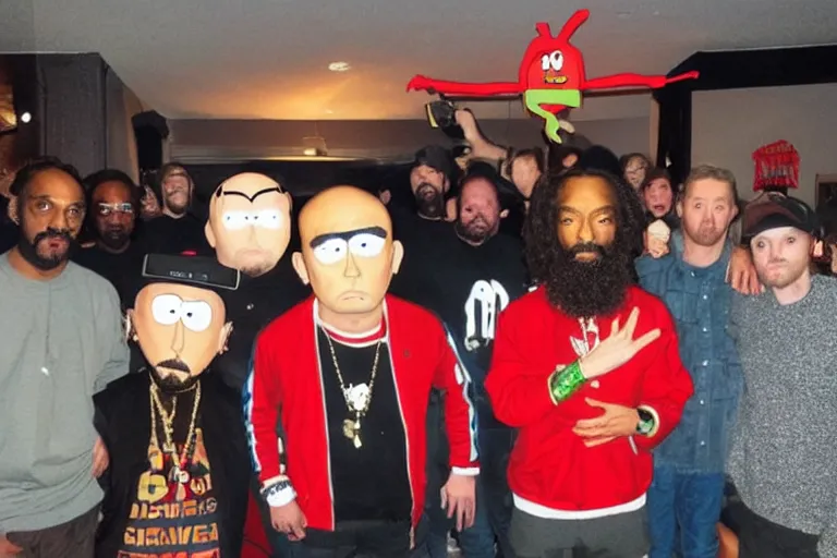 Image similar to crab people south park hyper-realistic photo meeting snoop dogg and eminem