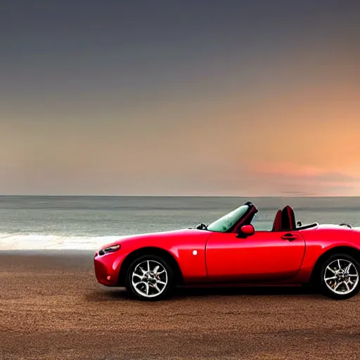 Image similar to a red Mazda MX-5 parked on a beach in the moonlight in the style of a 1980s poster