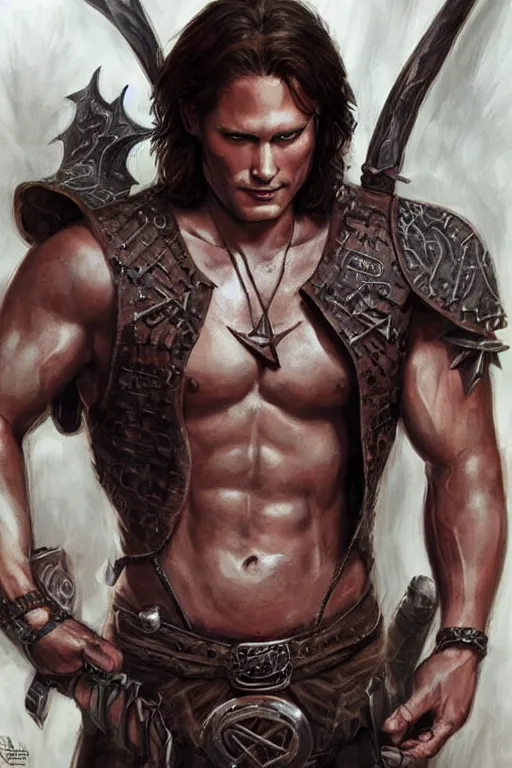 Image similar to portrait of attractive sam winchester as a rogue warrior, muscular chest tattooed with runes and symbols, d & d!, fantasy style, sharp focus!, ultra detailed, art by artgerm and peter andrew jones, wlop