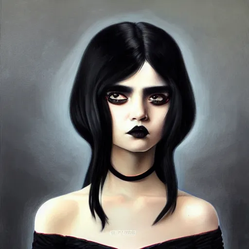 Image similar to a painting of an emo goth mexican girl with long dark hair thick eyebrows dark eyes and dark circles wide nose big eyes oval face shape big cheeks, a photorealistic painting by tran nguyen and ilya kuvshinov, featured on deviantart, gothic art, goth, gothic, detailed painting