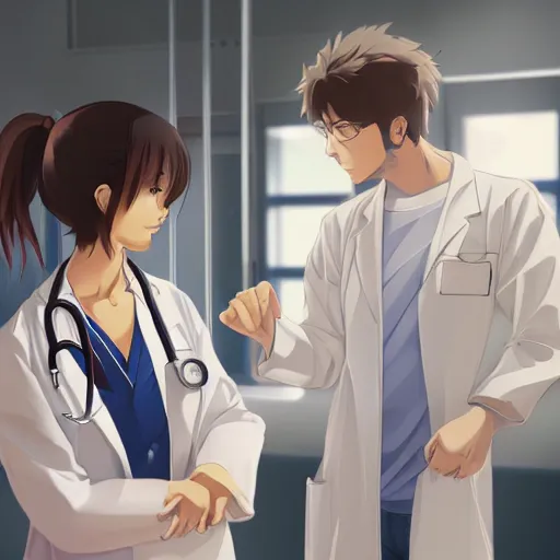 Prompt: a cute and beautiful young female doctor wearing white coat are talking with a handsome young man wearing white coat in a hospital ward, highly detailed, digital painting, slice of life anime, illustration, anime scenery by Makoto shinkai