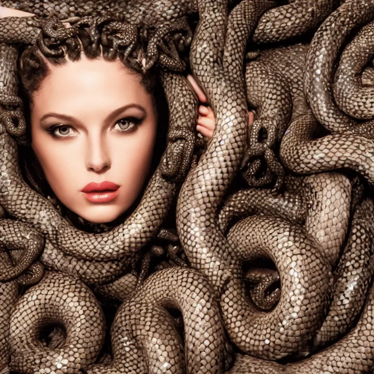 Prompt: Glamour Shots portrait photo of Medusa with snakes for hair in real life