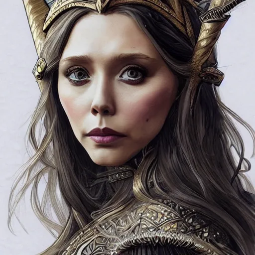 Image similar to Elizabeth Olsen as a elf archer, cute, fantasy, intricate, elegant, highly detailed, centered, digital painting, artstation, concept art, smooth, sharp focus, illustration, art by artgerm and H R Giger and alphonse mucha