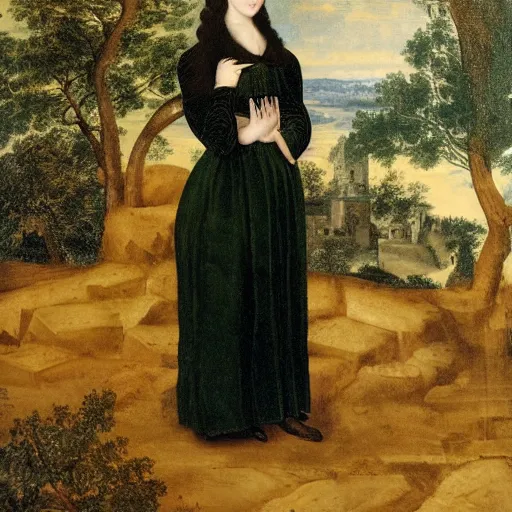 Image similar to young woman from the year 1 5 0 0, seated in front of a landscape background, her black hair is fine curly from the year 1 5 0 0, she wears a dark green dress pleated in the front with yellow sleeves, puts her right hand on her left hand and smiles slightly, oil painting