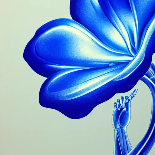 Image similar to close - up of a woman's hand holding a transparent flower, blue sky art by peter lloyd, 1 9 8 0's art, airbrush style, art by hajime sorayama,, intricate, elegant, sharp focus, illustration, highly detailed, h 8 0 0