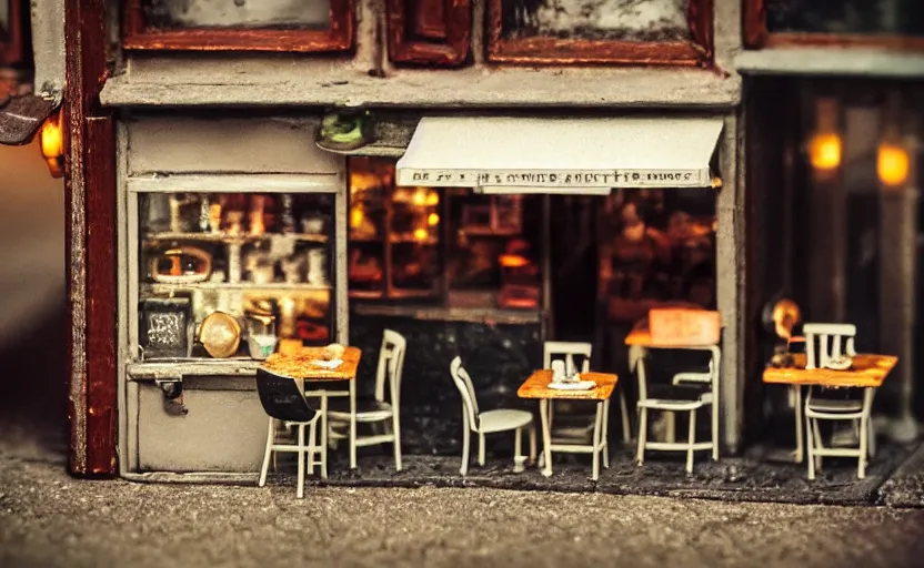 Image similar to miniature cafe diorama macro photography, cafe for mice, alleyway, ambient, atmospheric photograph, romantic