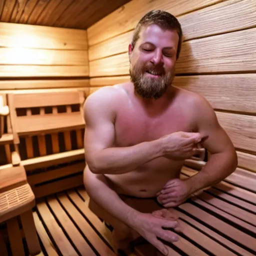 Prompt: photo of redneck washing himself in sauna