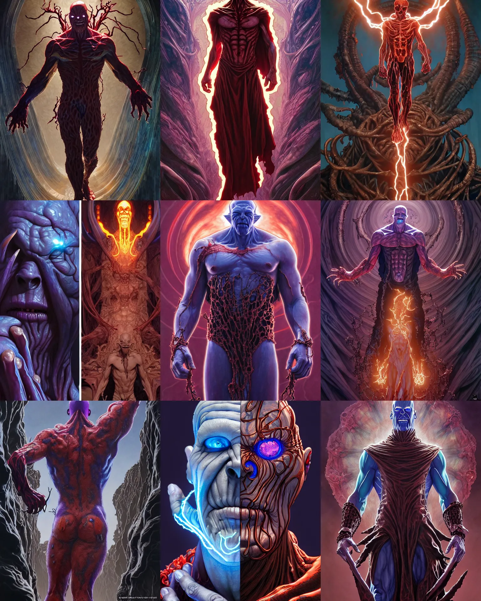 Prompt: the platonic ideal botw of cletus kasady ultimate carnage thanos dementor doctor manhattan chtulu nazgul, detailed, intricate, hyperrealism, intense, scary, decay, dmt, art by brock hofer and artgerm and greg rutkowski and alphonse mucha