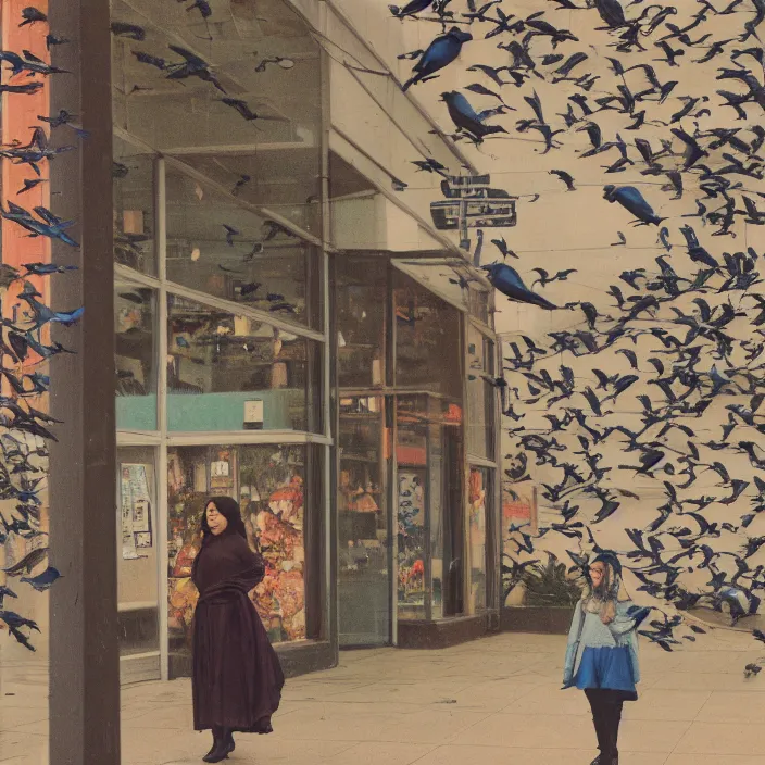 Image similar to a woman surrounded by birds, in a strip mall, color photograph, by john william waterhouse, canon eos c 3 0 0, ƒ 1. 8, 3 5 mm, 8 k, medium - format print