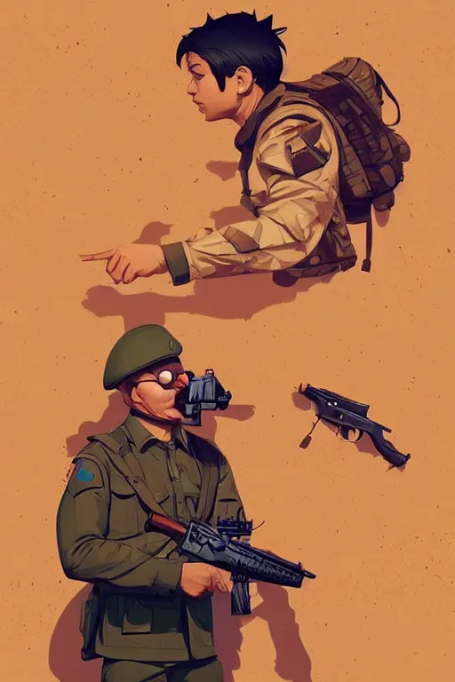 Image similar to funny drunk soldier with revolver in his hand in the desert, smooth face, centered median photoshop filter cutout vector behance hd by artgerm, jesper ejsing, by rhads, makoto shinkai and lois van baarle, ilya kuvshinov, rossdraws, illustration, art by ilya kuvshinov and gustav klimt