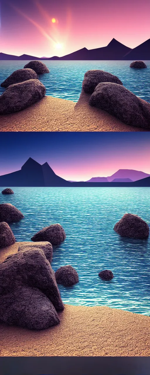 Image similar to super detailed color lowpoly art, northern sunset with rocks on front, monochrome photorealistic bay in the middle of perspective and mountains at background, big graphic ship in random point of bay, unreal engine, high contrast color palette, 3 d render, lowpoly, colorful, digital art, perspective