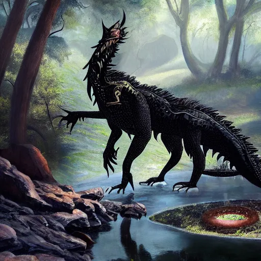 Image similar to highly detailed oil painting of a black dragon in the middle of a geothermal hotspring in the woods, featured on artstation